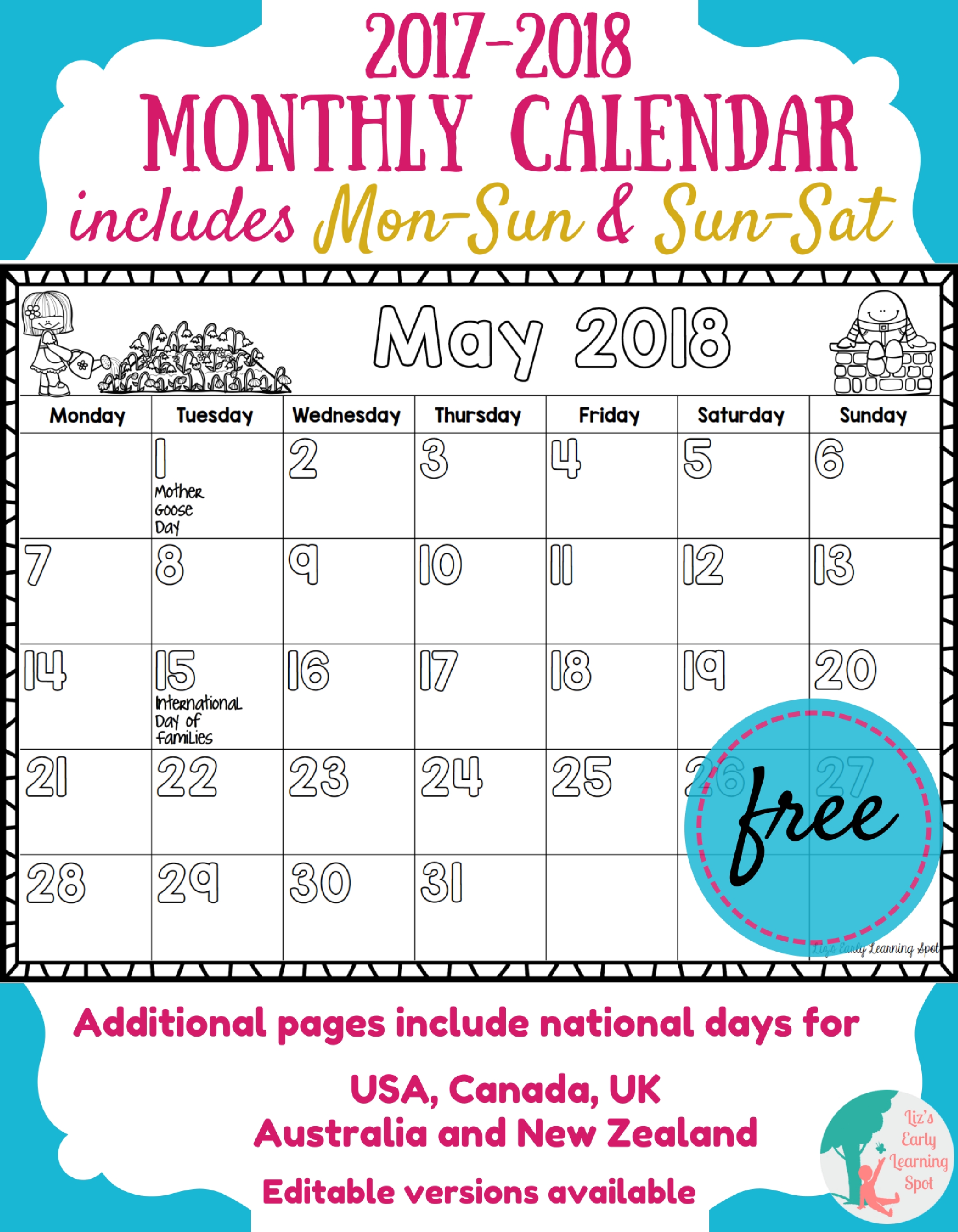 Free 2017 2018 Monthly Calendar For Kids