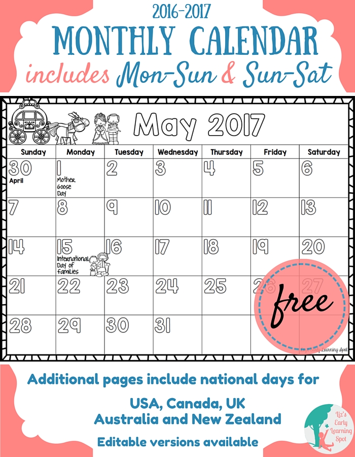 Free 2016-2017 Monthly Calendar | Liz's Early Learning Spot